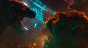 Godzilla and Kong roaring at each other